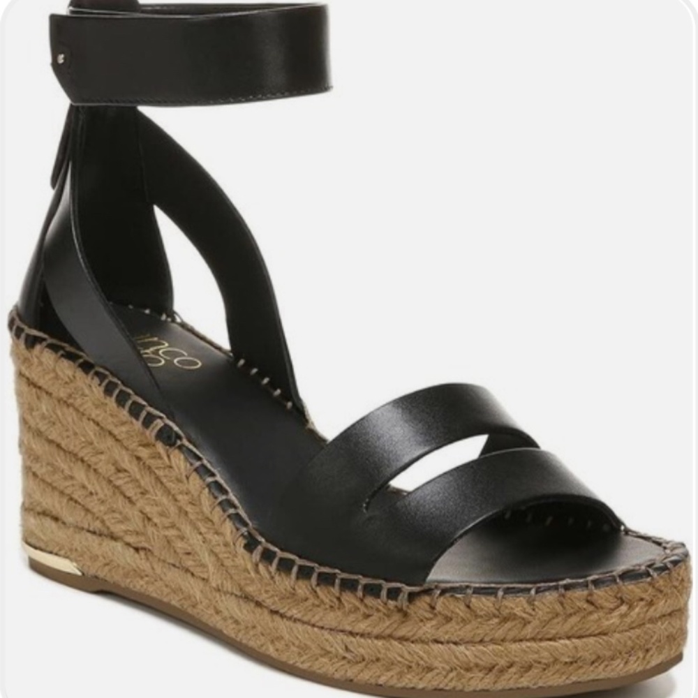 EUC FRANCO SARTO Callia Leather Wedge Sandal Espadrille - Black, US7